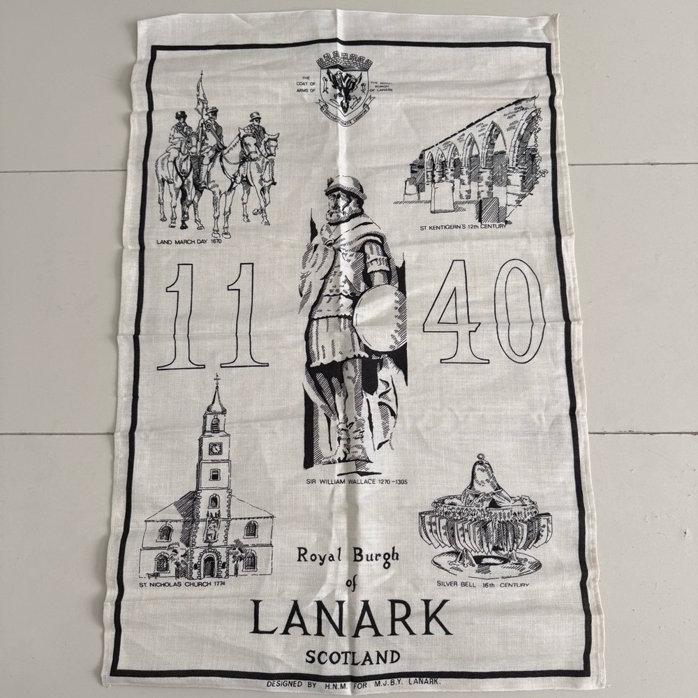 Vintage Royal Burgh of Lanark Scotland 100% Linen Tea Towel Sir William Wallace